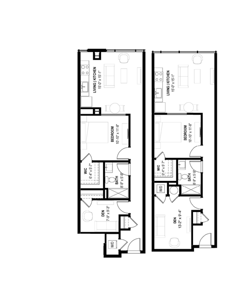 Floor plan for 1 bed, 1 bath, 781 sqft
